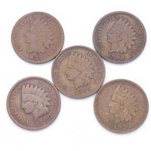 5 Indianhead Cents - 1897, 1898, 1899, 1900 & 1901