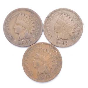 3 Indianhead Cents - 1902, 1903 & 1904 - all with partial Liberties