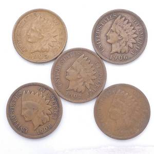 5 Indianhead Cents - 1905, 1906, 1907, 1908 & 1909.  The 05 is a High Grade