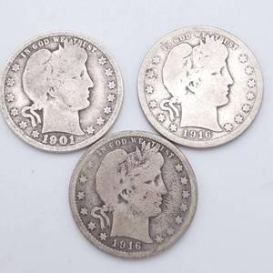 3 Barber Quarters - 1901, 1916 & 1916-D