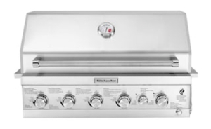 lot 51 image: KITCHENAID 4-Burner Built-in Propane Gas Island Grill Head in Stainless Steel with Searing Main Burner and Rotisserie Burner.  (Retails for $1099.00)