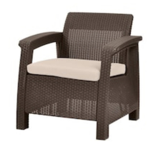 lot 57 image: KETER Corfu Brown All-Weather Resin Patio Armchair with Tan Cushions