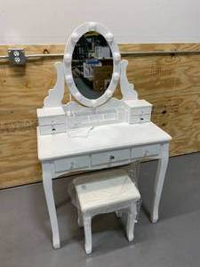 lot 83 image: White Wooden Bedroom Vanity Sets Makeup Table With Oval LED Light Mirror and Stool