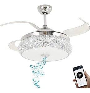 lot 91 image: BAYSQUIRREL Retractable Invisible Ceiling Fan with Light and Bluetooth Speaker, Modern Bluetooth Fan Chandelier with Remote Control 7 Color Change 36W LED 42 Inch (Silver)