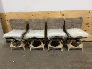 lot 97 image: HOME DECORATORS COLLECTION Lot of 4-  Hazelhurst Brown Wicker Outdoor Patio Swivel High Dining Chairs with Cushions
