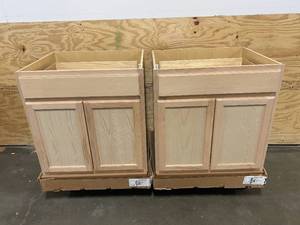 lot 98 image: HAMPTON BAY Lot of 2-  Hampton Unfinished Beech Raised Panel Stock Assembled Base Kitchen Cabinet (30 in. x 34.5 in. x 24 in.)