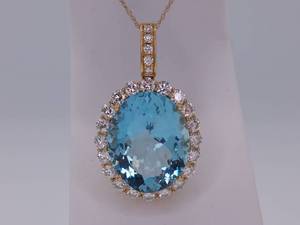 lot 4 image: Brand New Spectacular 14.80 Carat Aquamarine and Diamond Halo Pendant in 18k Yellow Gold $20,000 Retail Tag VIDEO