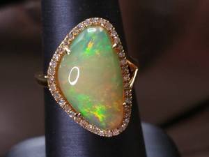 lot 6 image: Large, Natural Fiery Opal and .35 Carat Diamond Halo Statement Estate Ring in 14k Yellow Gold $6,500 Retail VIDEO