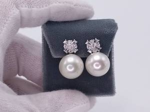 lot 10 image: Magnificent, Brand New 13.2mm South Sea Pearl and .85 Carat Diamond Omega Back Earrings in 18k White Gold $9,500 Retail VIDEO