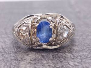 lot 20 image: Antique 1880s 1.40 Carat Old Mine Cut Natural Sapphire and Old Mine Cut Diamonds in 14k White Gold $3,000 Retail