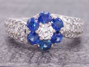 lot 29 image: Designer Jabel Signed Natural Royal Blue Sapphire and Diamond Flower Ring in 18k Gold $7,200 Retail