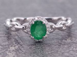 lot 38 image: Natural Emerald and Diamond Halo Link Ring in 14k Gold $2,000 Retail