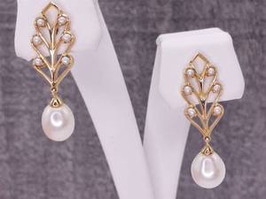 lot 65 image: Gorgeous, Vintage Styled Pearl Dangle Leaf Motif With Accent Seed Pearls in 14k Gold $1,375 Retail