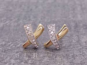 lot 80 image: Diamond and 14k Gold X Kiss Shaped Earrings in 14k Yellow Gold $700 Retail