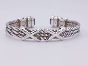 lot 98 image: Triple Rope Bangle Bracelet Wrapped with Xs and Onyx Ends