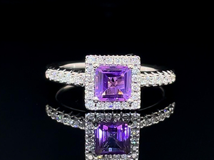 lot 60 image: Brand New Natural Amethyst and Diamond Halo Ring in 14k Gold $999 Retail