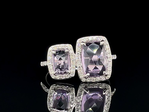 lot 68 image: Unique Checker Cut Natural Amethyst With Diamond Halo Ring in 14k Gold $1025 Retail