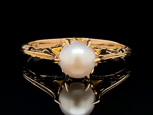 lot 73 image: Antique Pearl Estate Ring with Amazing Gold Scroll Design and Claw Prongs in Yellow Gold $1,100 Retail