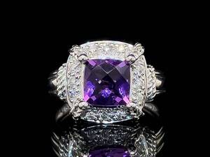 lot 94 image: Checkerboard Cut Amethyst and Diamond Ring