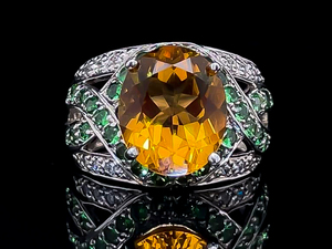 lot 96 image: 4.35 Carat Citrine, 1.6 Carat Chromium Diopside, and Diamond Ring