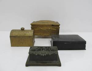lot 28 image: Lot of 4 Small Antique Art Nouveau Metal Inkwells & Trinket Boxes