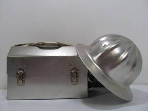 lot 45 image: Very Cool Vintage Industrial Aluminum Hard Hat & Lunch Box
