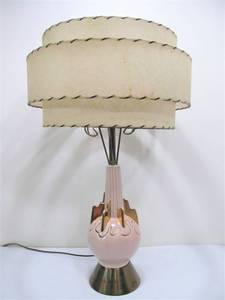lot 53 image: Signed Mid Century 1950s C. MILLER Ceramic Table Lamp wFiberglass Shade