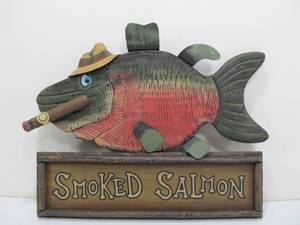 lot 81 image: Large SMOKED SALMON Funny Wooden Cabin Decor Sign
