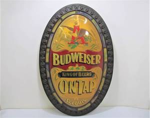 lot 126 image: Large Vintage Convex Oval BUDWEISER On Tap Beer Sign