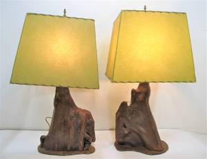 lot 147 image: Matching Pair of Vintage Mid Century Natural Sculptural Wood Table Lamps