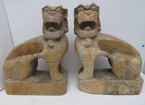 lot 168 image: Pair of Large Hand Hand Vintage Oriental Teak Wood Foo Dog Statues