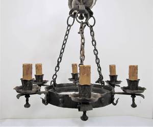 lot 197 image: Very Cool Antique Wrought Gothic Iron 6-Light Chandelier