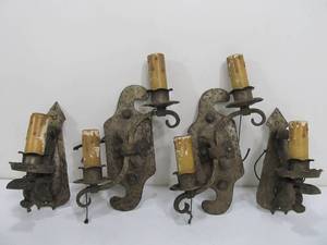 lot 199 image: 2 Sets Very Cool Antique Gothic Wrought&nbspIron Wall Sconces