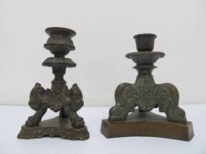 lot 321 image: 2 Vintage Gothic Style Bronze Candlesticks