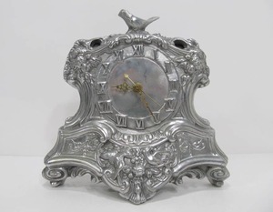 lot 271 image: Ornate Vintage Signed Aluminum Mantel Clock wBird Finial
