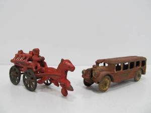 lot 236 image: Vintaeg Cast Iron Toy Wagon & Bus