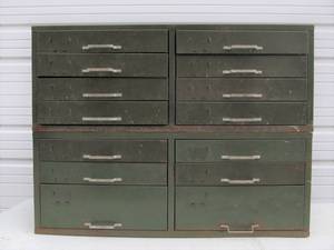 lot 253 image: Vintage Industrial Green 2-Section 14 Drawer Steel Parts Cabinet