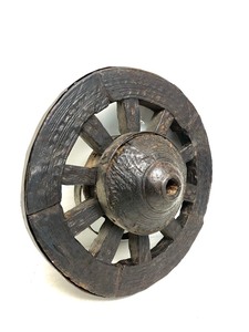 lot 5 image: Early Antique Iron Strapped Wooden Wagon Wheel