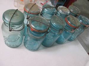 lot 458 image: Lot of 9 Blue hued Ball Glass jars ...