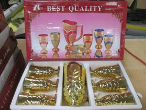 lot 520 image: Best Quality 7PC CupGoblet & Pitcher Set. Solid-Color with Ornate, Gold Tone Trim & Accents