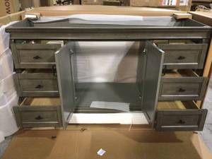 Home Decorators Naples 60 in. W Bath Vanity Cabinet Only in Distressed Grey for Single Bowl not used see pictures