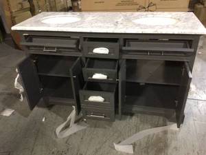 Windlowe 61 in. W x 22 in. D x 35 in. H Bath Vanity in Gray with Carrara Marble Vanity Top in White with White Sink  damage see pictures