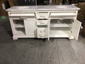 Home Decorators Windlowe 73 in. W x 22 in. D x 35 in. H Bath Vanity in White with Carrara Marble Vanity Top in White with White Sink missing door see pictures