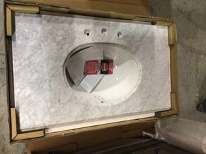 Home Decorators Naples 37 in. W x 22 in. D Bath Vanity with Left Drawers in Distressed Grey with Marble Vanity Top in Carrara White see pictures