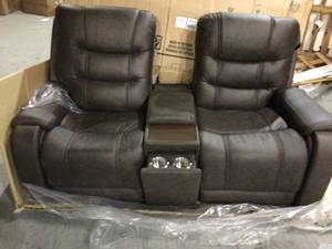 Ashley Yacolt Walnut Power Reclining Loveseat with Console & Adjustable Headrest see pictures