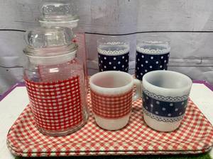 lot 100 image: Fireking Mugs, Glassware, & Two Trays