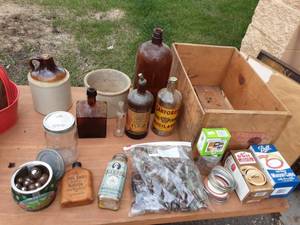 Wood Crate, Vintage Bottles, Crock, Jug, Canning Supplies