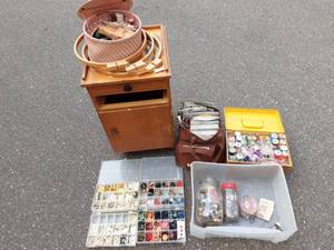 Sewing Cabinet, Buttons, Notions, Embroidery Threads & Books
