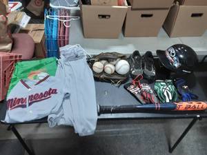 Youth Base Ball Pants S-M, Base Balls, Batting Helmet, Batting Gloves, Glove, T-Ball Bat, Youth Cleats Size 2, Raulings 9 Glove