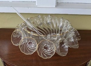 Glass Punch Bowl w Ladle and One Dozen Cups